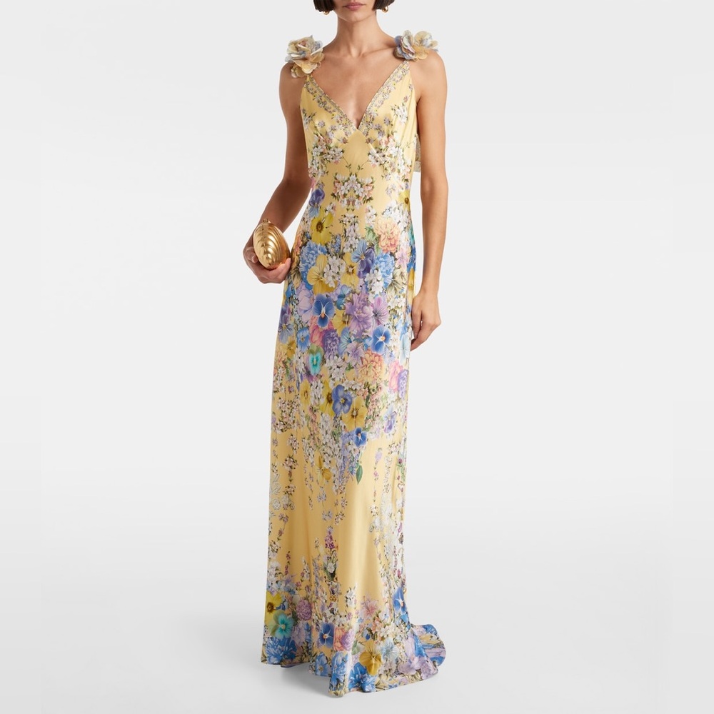 Camilla V Neck Bias cut with Back Frill Slip Dress.Purple and blue accents